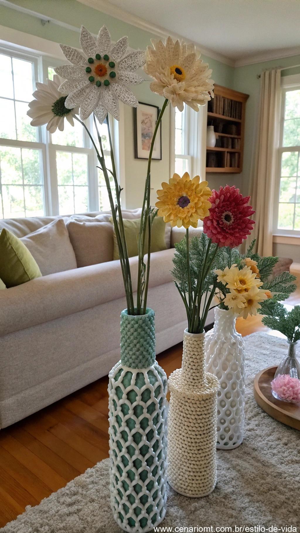 Casa decorada com flores feitas de materiais recicláveis, em vasos e espalhadas pela casa.