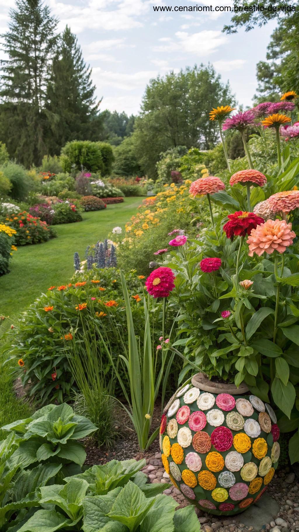 Jardim decorado com flores feitas de materiais recicláveis, entre plantas e folhagens.