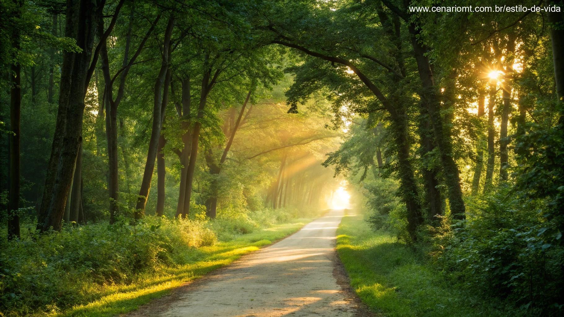Trilha tranquila em uma floresta verde, iluminada pela luz suave do sol, com um brilho dourado ao fundo simbolizando a orientação divina.
