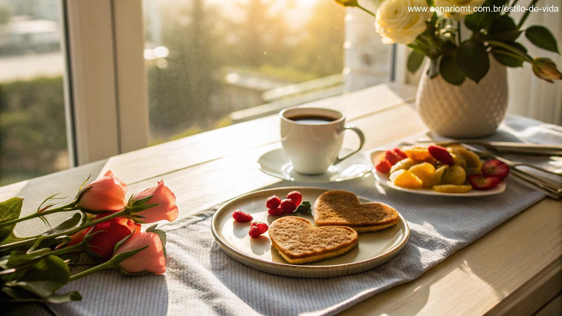 Café da manhã romântico com panquecas em formato de coração, flores frescas e um bilhete escrito 'Bom Dia' sobre a mesa.