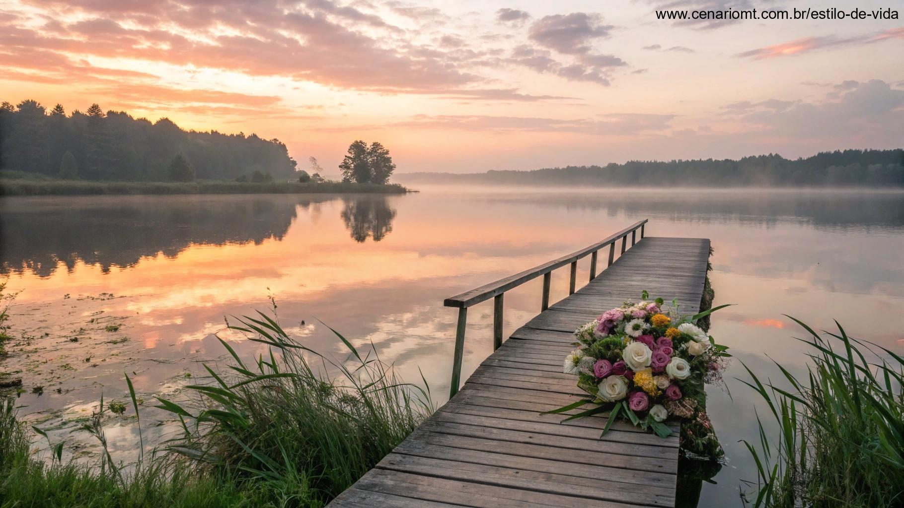 Lago tranquilo ao amanhecer com um buquê de flores em um pequeno píer.