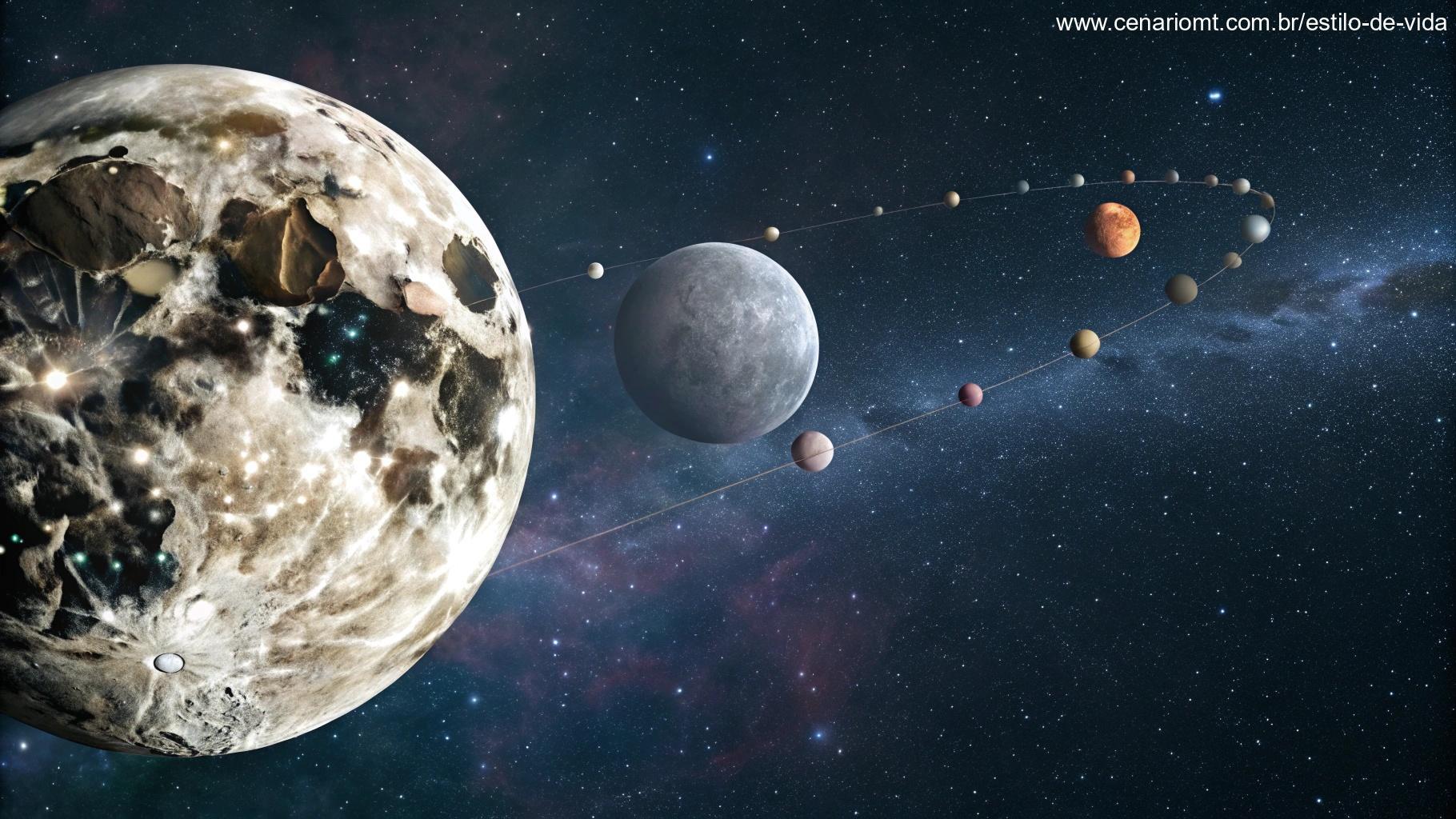 Infográfico astronômico sobre a Lua Minguante e os próximos eventos lunares.