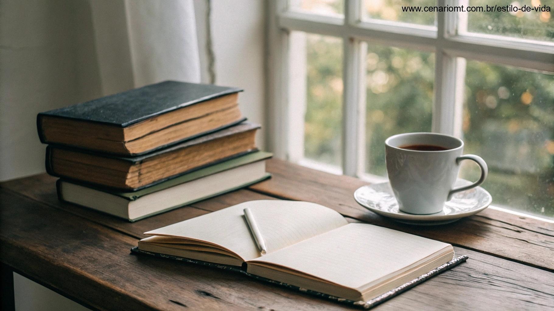 Uma pilha de livros sobre fé e espiritualidade, um caderno e uma xícara de chá em uma mesa aconchegante perto de uma janela com luz natural