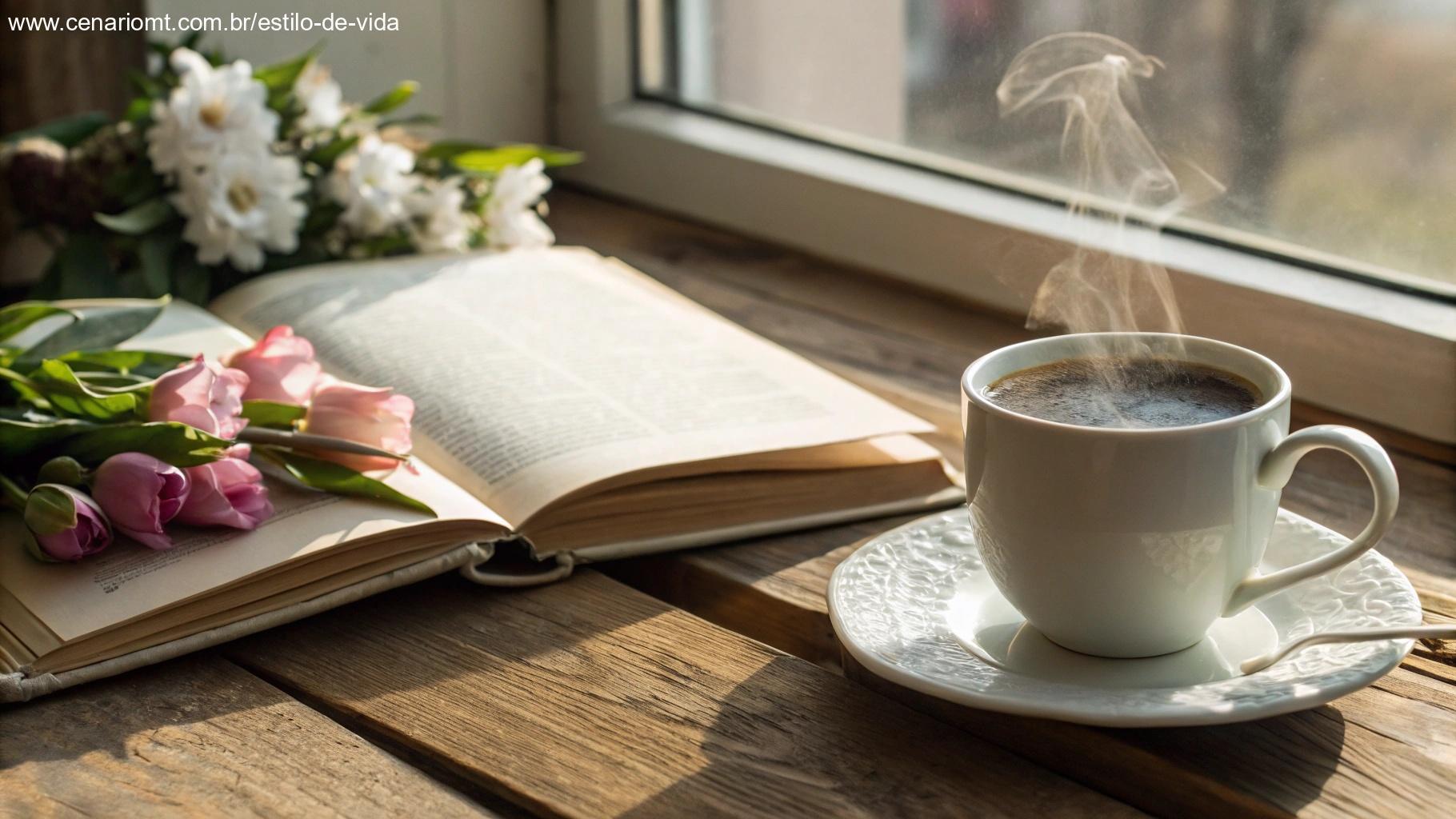 Cena matinal tranquila com uma xícara de café fumegante em uma mesa de madeira, ao lado de um livro aberto e flores frescas