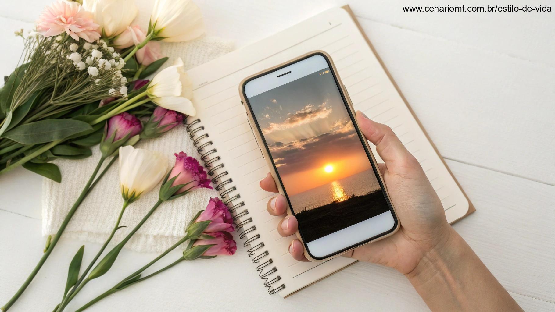 Mão segurando um celular com papel de parede de nascer do sol, cercado por flores e um caderno