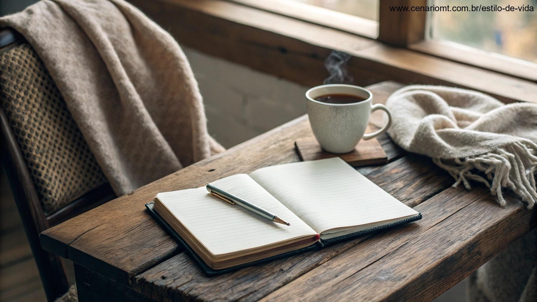 Um caderno e uma caneta em uma mesa de madeira rústica, com uma xícara de chá fumegante ao lado e um cobertor macio sobre uma cadeira, sugerindo uma maneira pensativa e aconchegante de começar o dia.