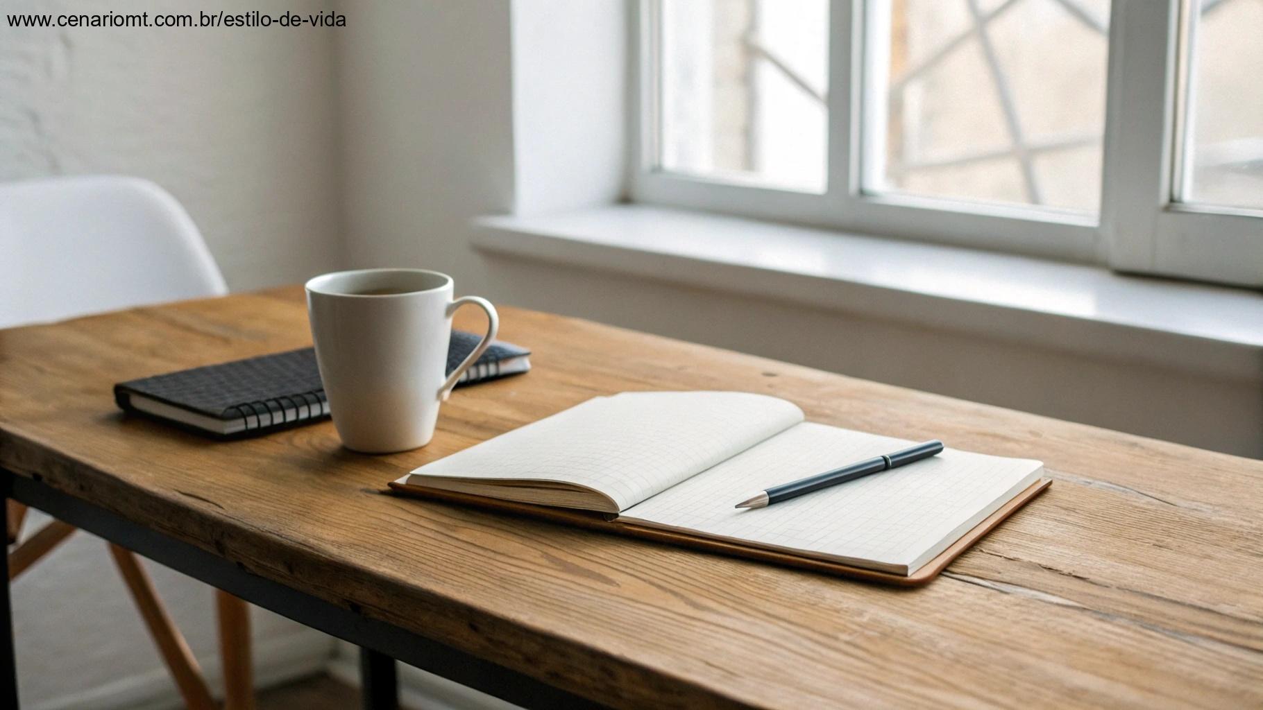 Espaço de trabalho minimalista com caderno, caneta e xícara de café em uma mesa de madeira perto de uma janela com luz natural