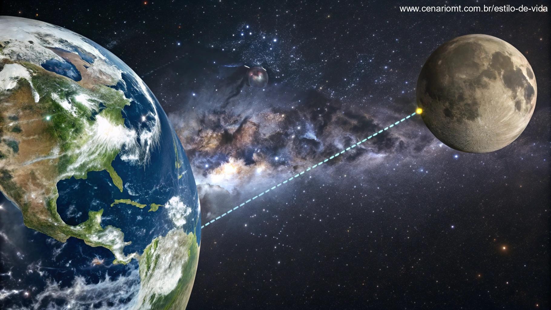Infográfico ilustrando a distância entre a Terra e a Lua com fundo cósmico.