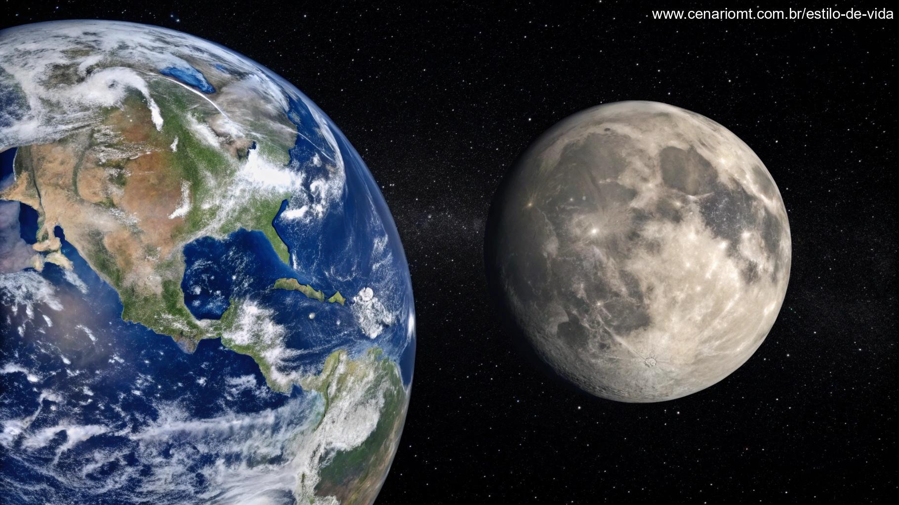 Visualização científica da distância da Lua e sua influência na observação.