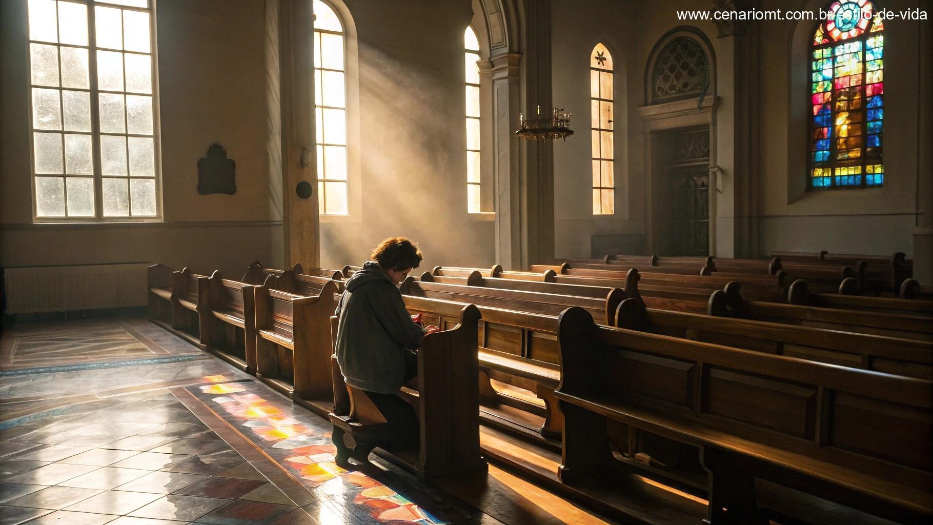 Interior de igreja tranquila com bancos de madeira e luz da manhã.
