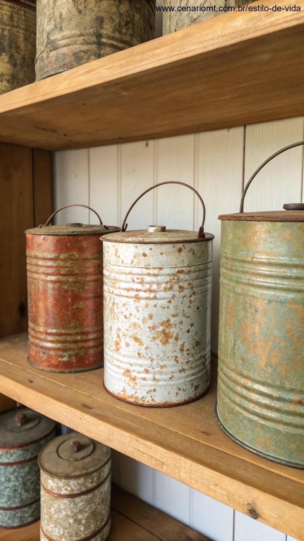 Latas recicladas com efeitos envelhecidos para um toque vintage.