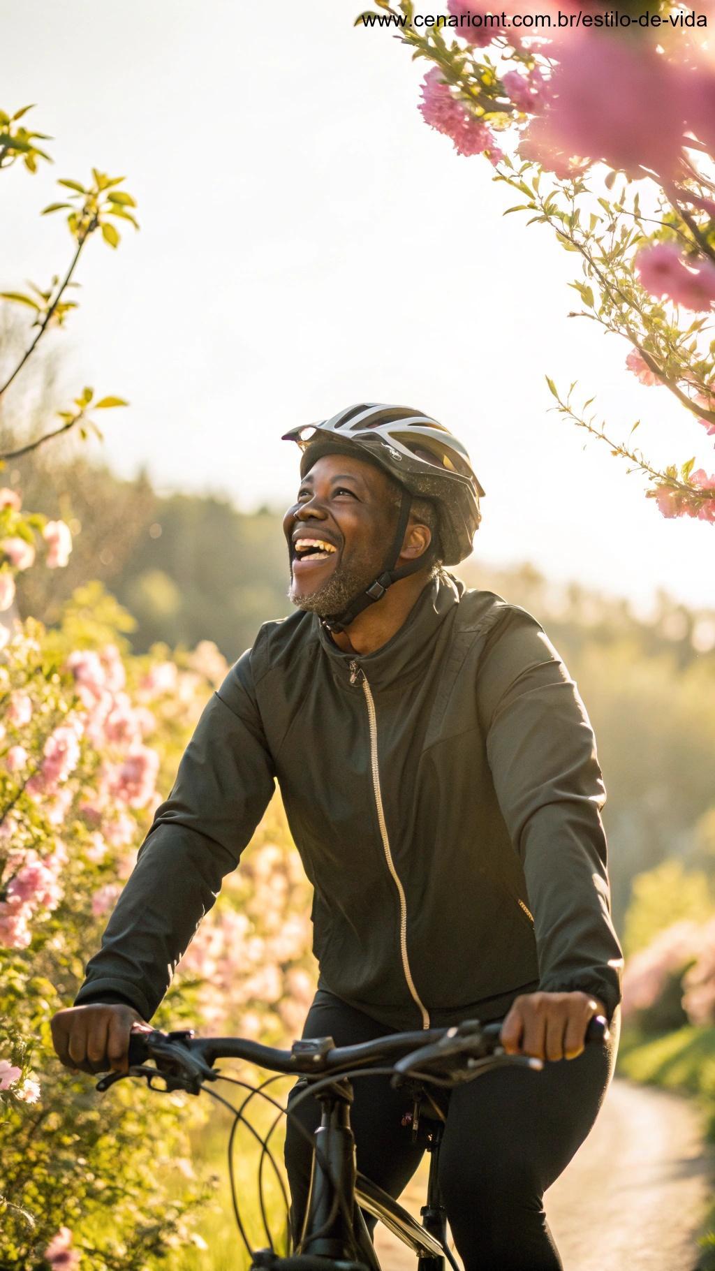 Ciclista sorrindo pedalando por cenário ensolarado