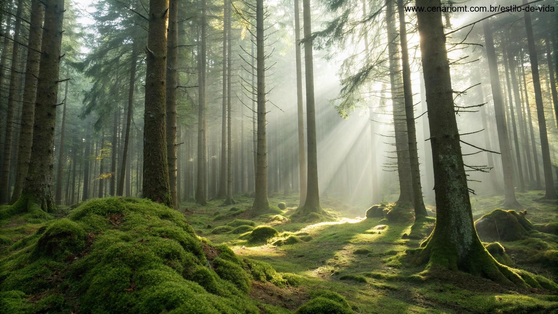 Uma floresta tranquila com luz filtrando pelas árvores, criando raios de sol suaves.