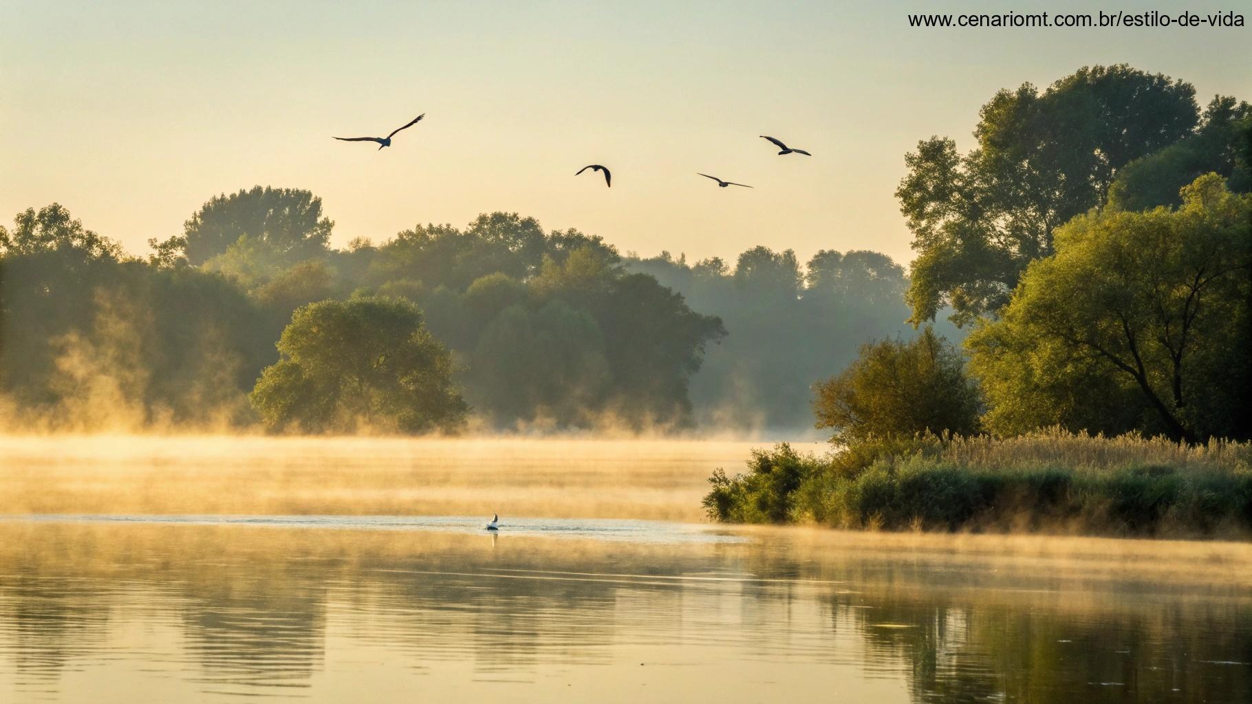 Vista matinal tranquila à beira do lago com neblina e pássaros.