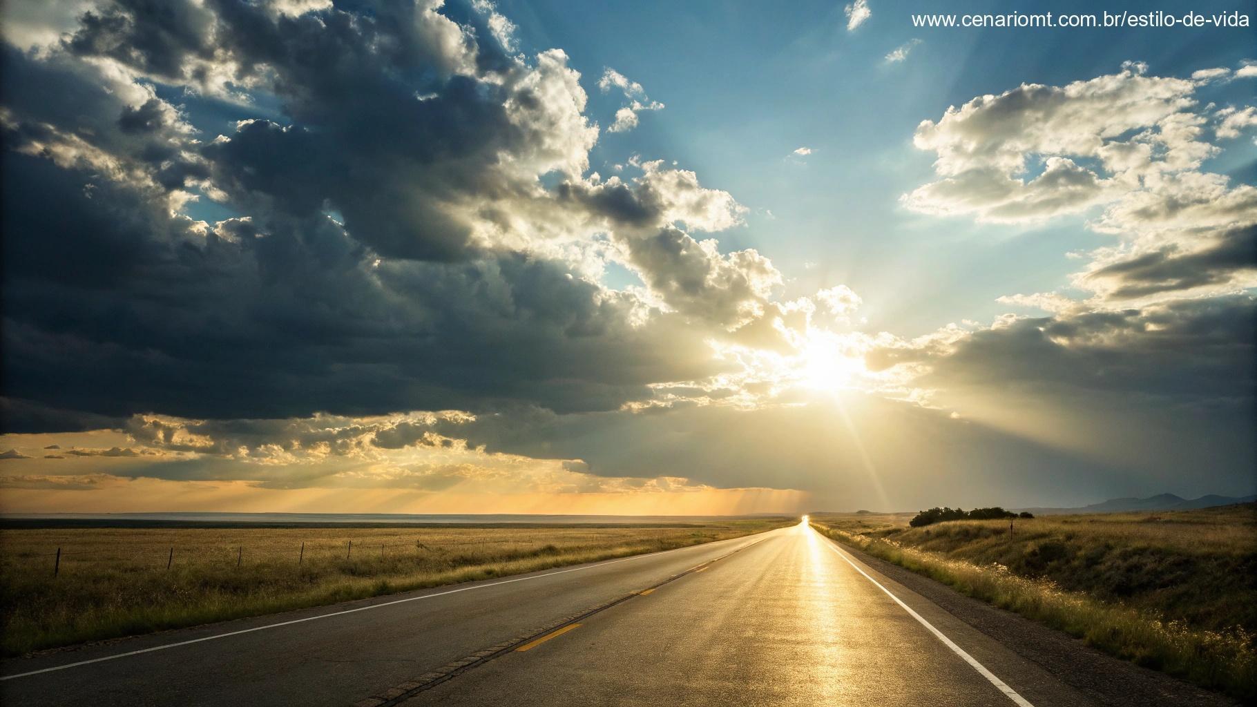 Imagem de uma estrada aberta levando a um horizonte iluminado, simbolizando fé e encorajamento.