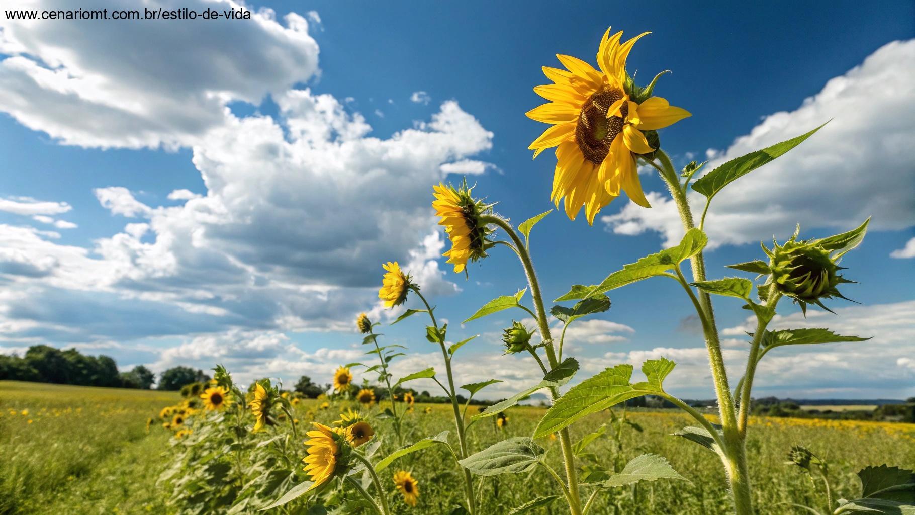 Girassóis amarelos brilhantes em um campo sob um céu azul claro com nuvens brancas fofas