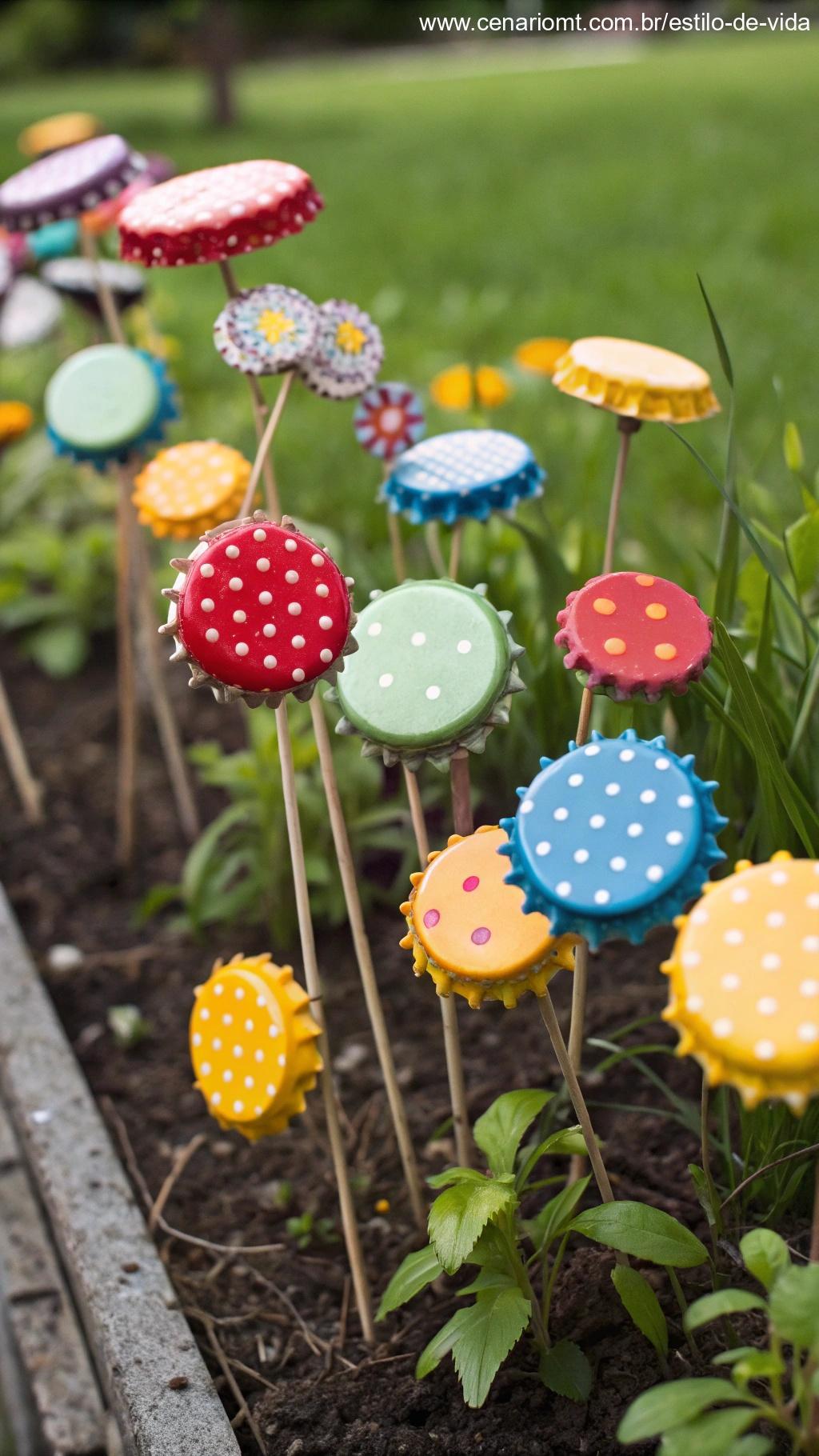 Enfeites de jardim feitos com tampas de garrafa coloridas.