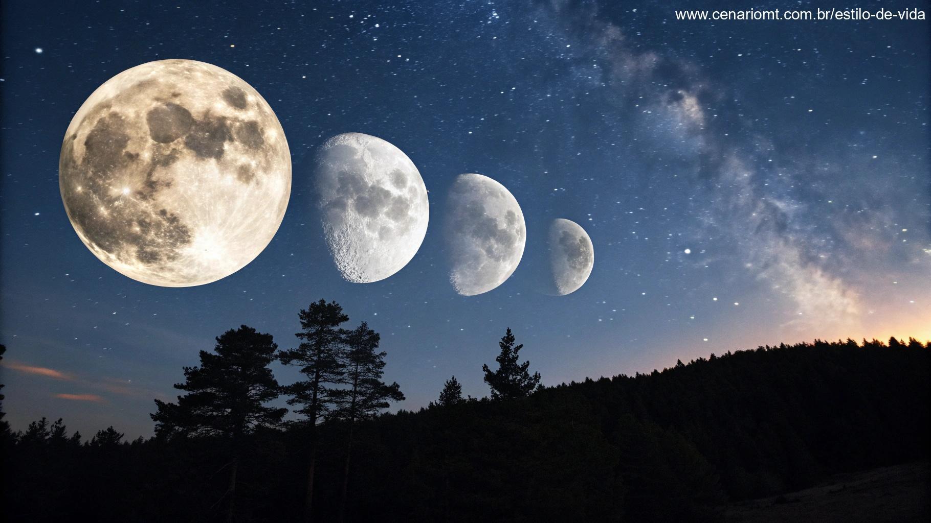 Representação artística das fases da lua, mostrando a transição da lua nova para a cheia.