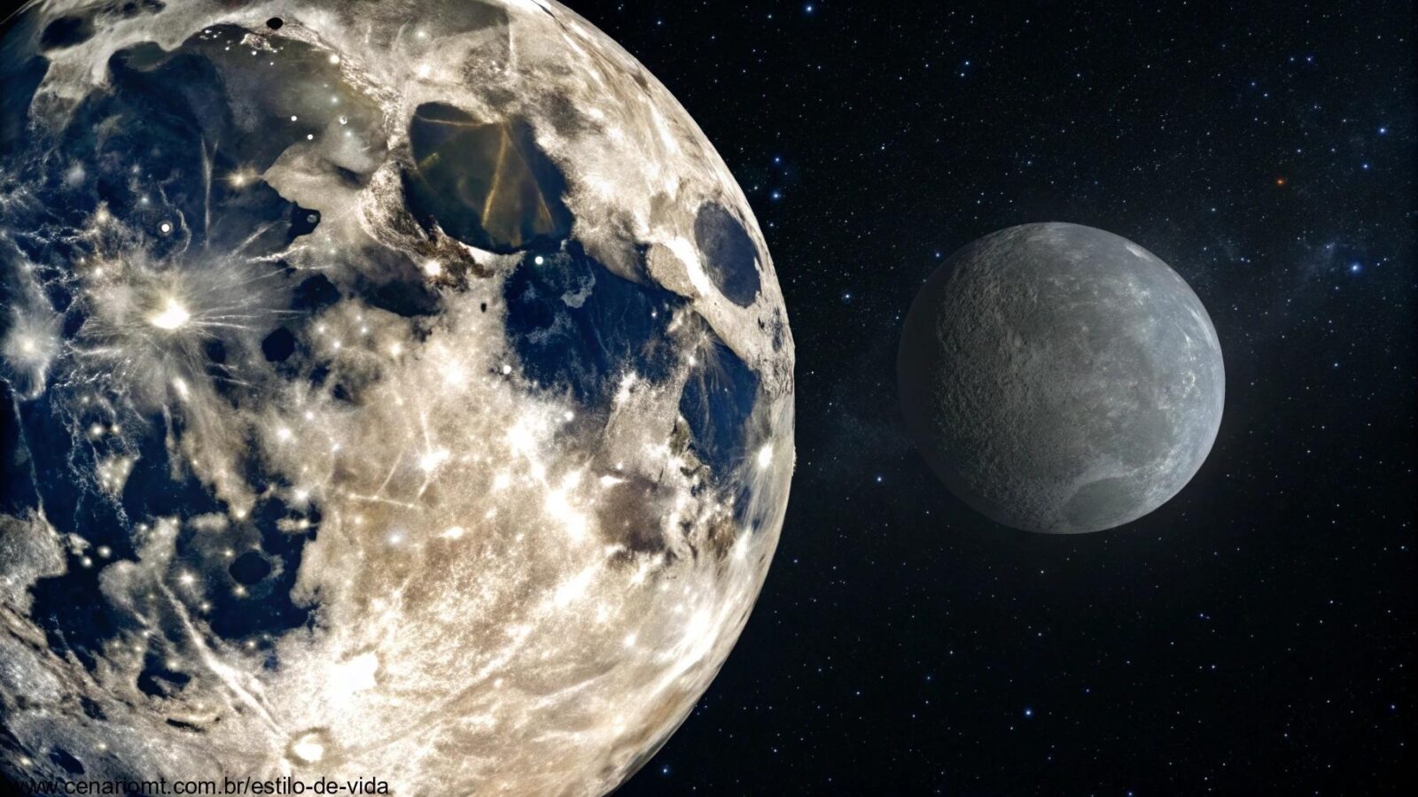 Ilustração detalhada da fase da Lua em 22 de março de 2025, mostrando uma Lua minguante gibosa no céu estrelado.