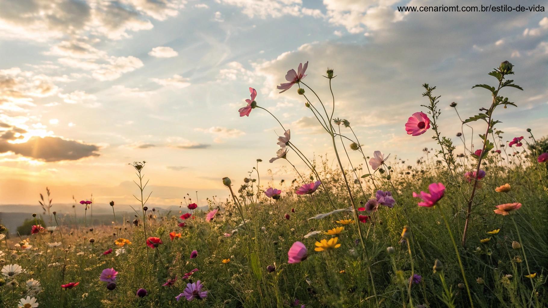 Brisa suave passando por um campo de flores coloridas sob luz do sol suave.