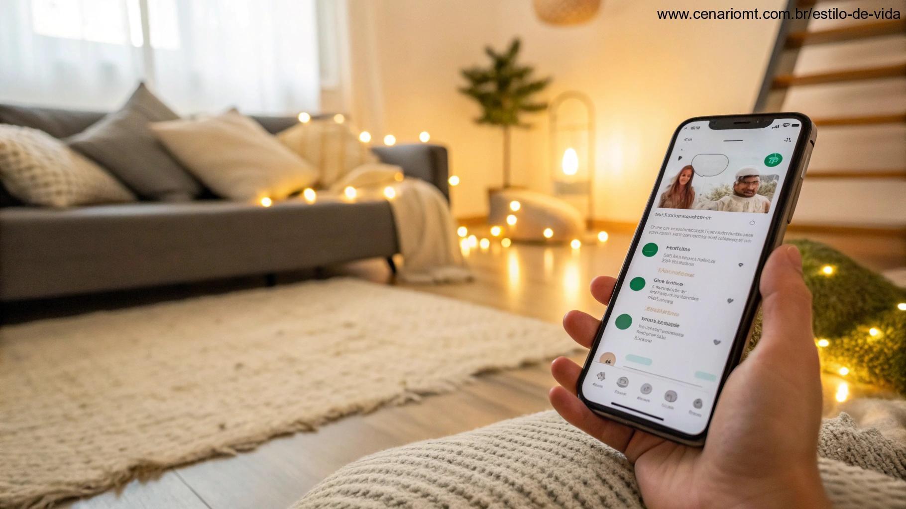 Imagem mostrando a tela de um telefone com uma conversa do WhatsApp, exibindo uma mensagem de bom dia acolhedora e positiva, cercada por um ambiente aconchegante.
