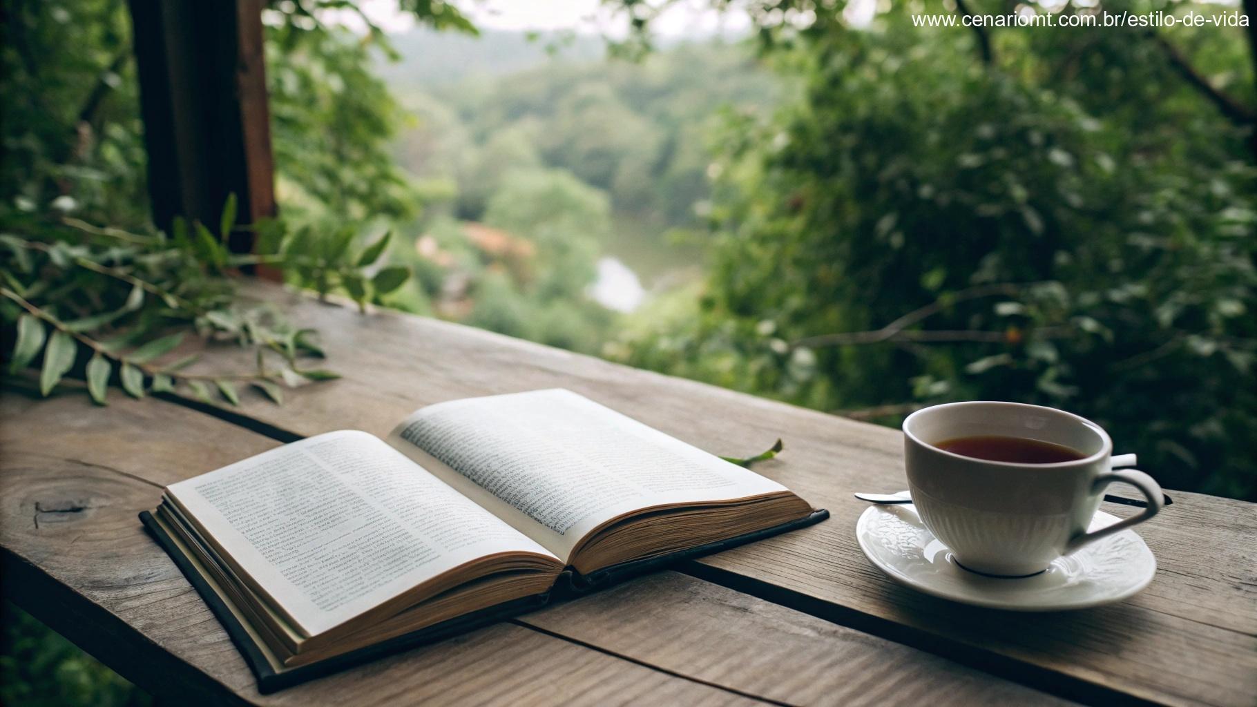 Um momento tranquilo de reflexão com um livro aberto e uma xícara de chá em uma mesa aconchegante, cercada por vegetação, simbolizando fé e esperança para o dia que começa.