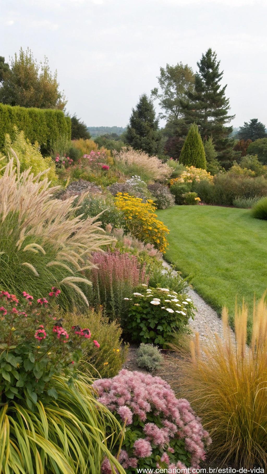 Uma variedade de plantas perenes em um jardim.