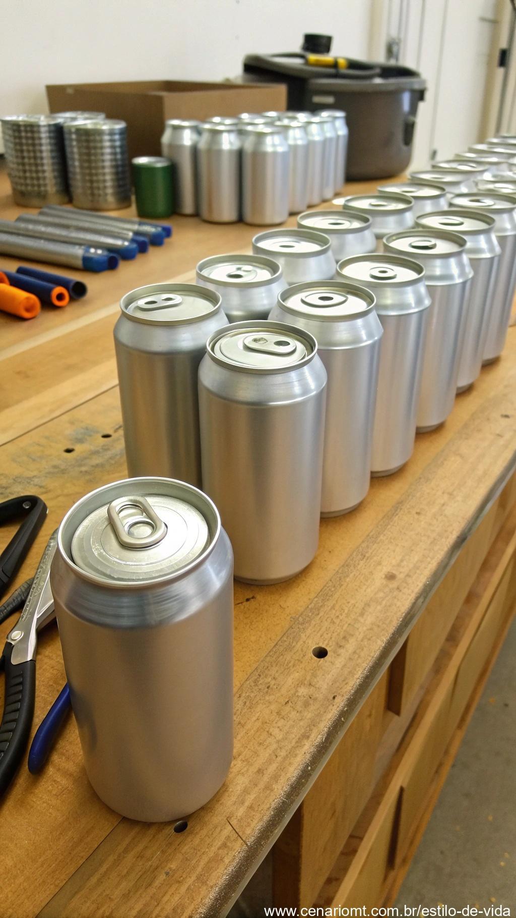 Latas de alumínio organizadas para projetos de reciclagem.