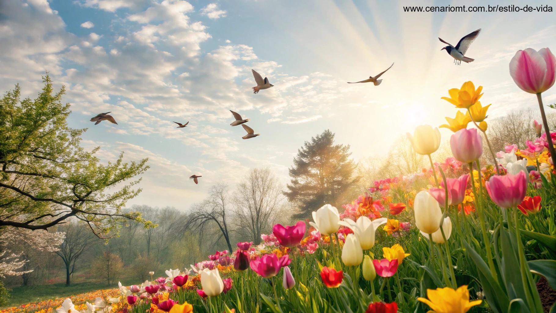 Cena vibrante e colorida com flores brilhantes, pássaros pacíficos e luz suave tocando a terra, representando a propagação de amor e gratidão.