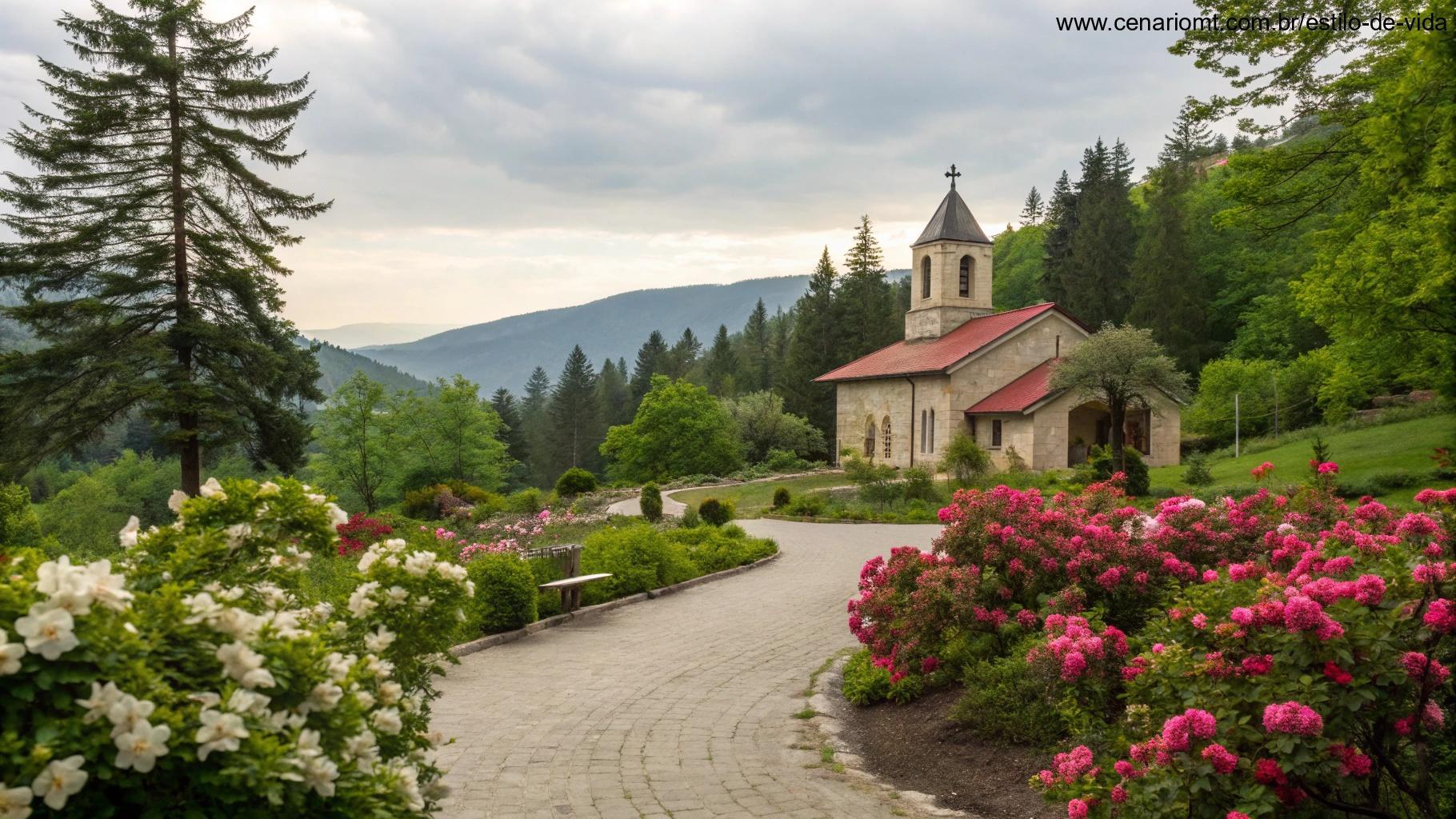 Igreja rodeada de verde exuberante e flores vibrantes, representando um ambiente espiritual