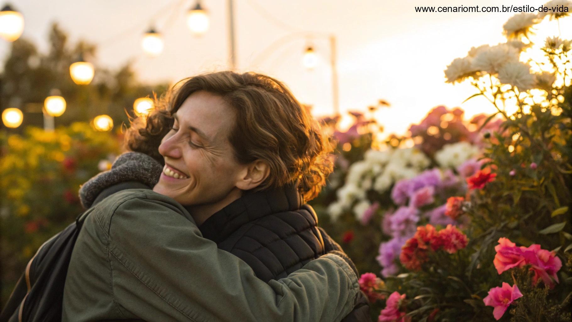 Uma pessoa sorridente dando um abraço, rodeada de flores, irradiando calor e positividade, com luz suave e radiante
