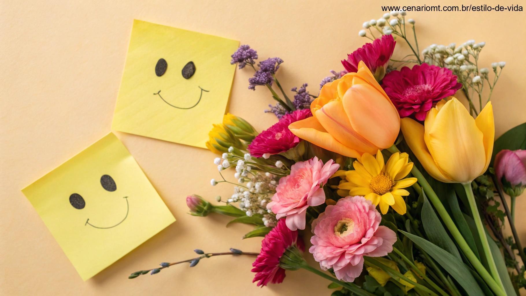 Imagem vibrante e alegre com flores coloridas, mensagens positivas escritas à mão em bilhetes e um fundo acolhedor.