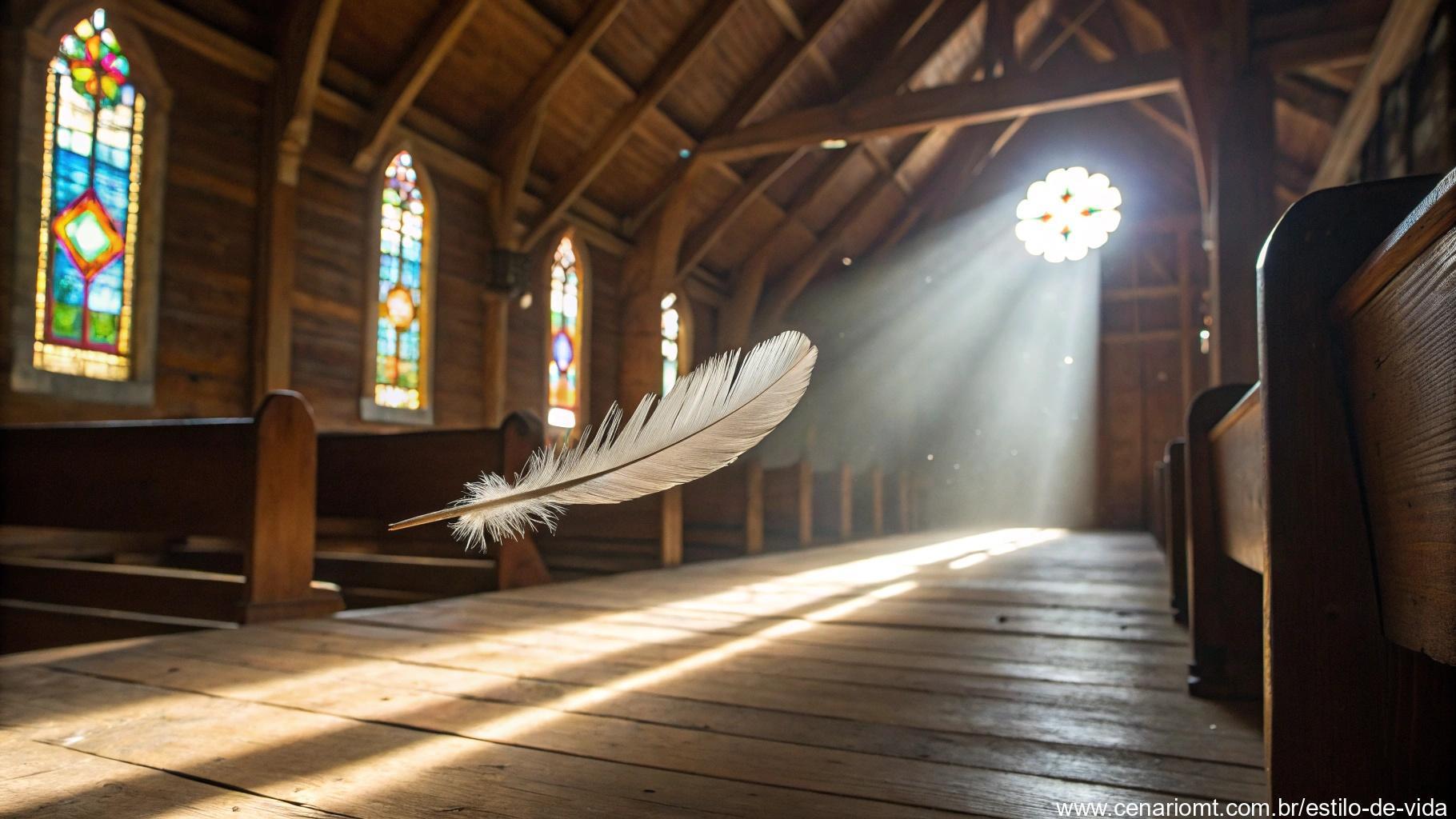 Uma única pena flutuando para baixo através de raios de luz em uma igreja de madeira antiga, simbolizando esperança descendo suavemente