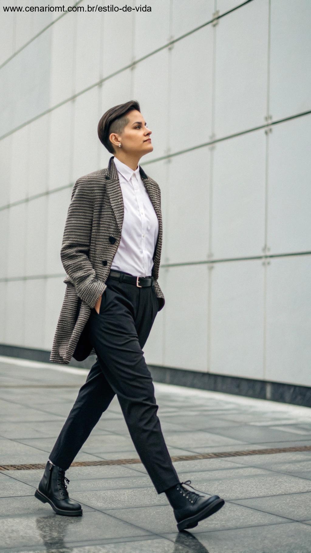 Estilo moderno e sofisticado, uma pessoa estilosa com corte de cabelo curto elegante, caminhando com confiança em um ambiente urbano moderno, com roupas fashions e fundo minimalista.