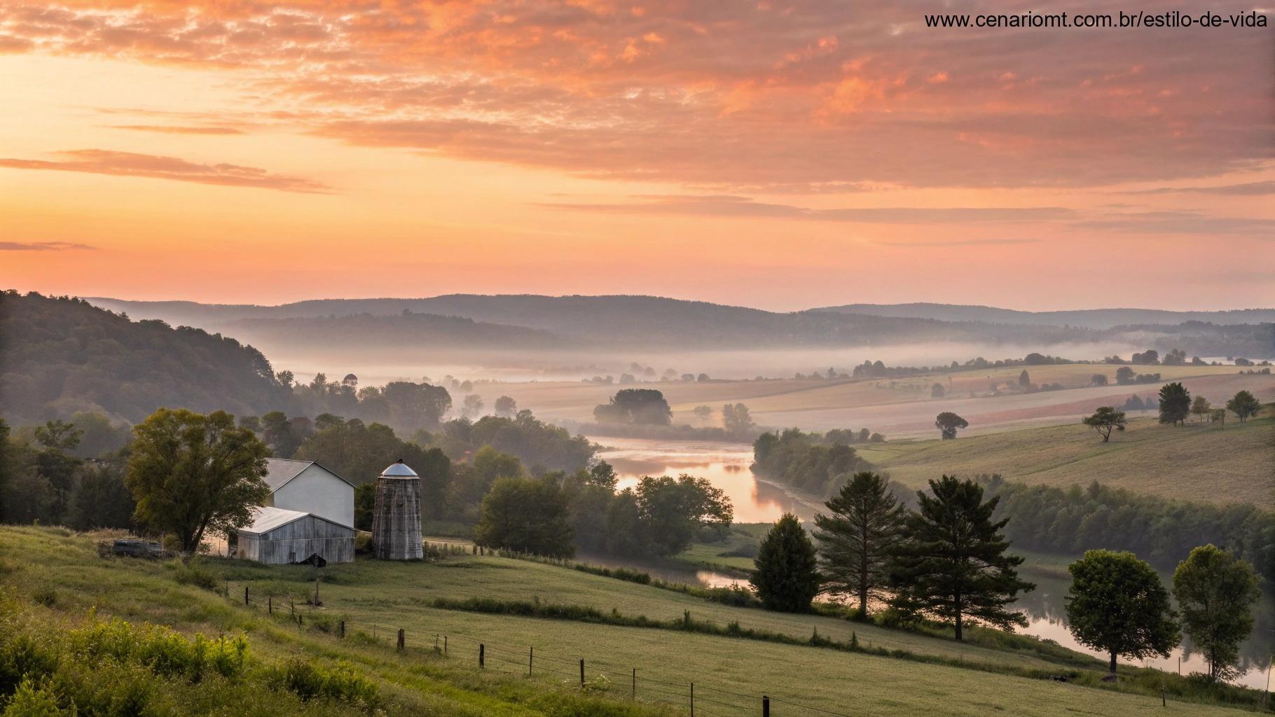 Cena tranquila com o nascer do sol sobre uma paisagem rural representando o Evangelho de amanhã.