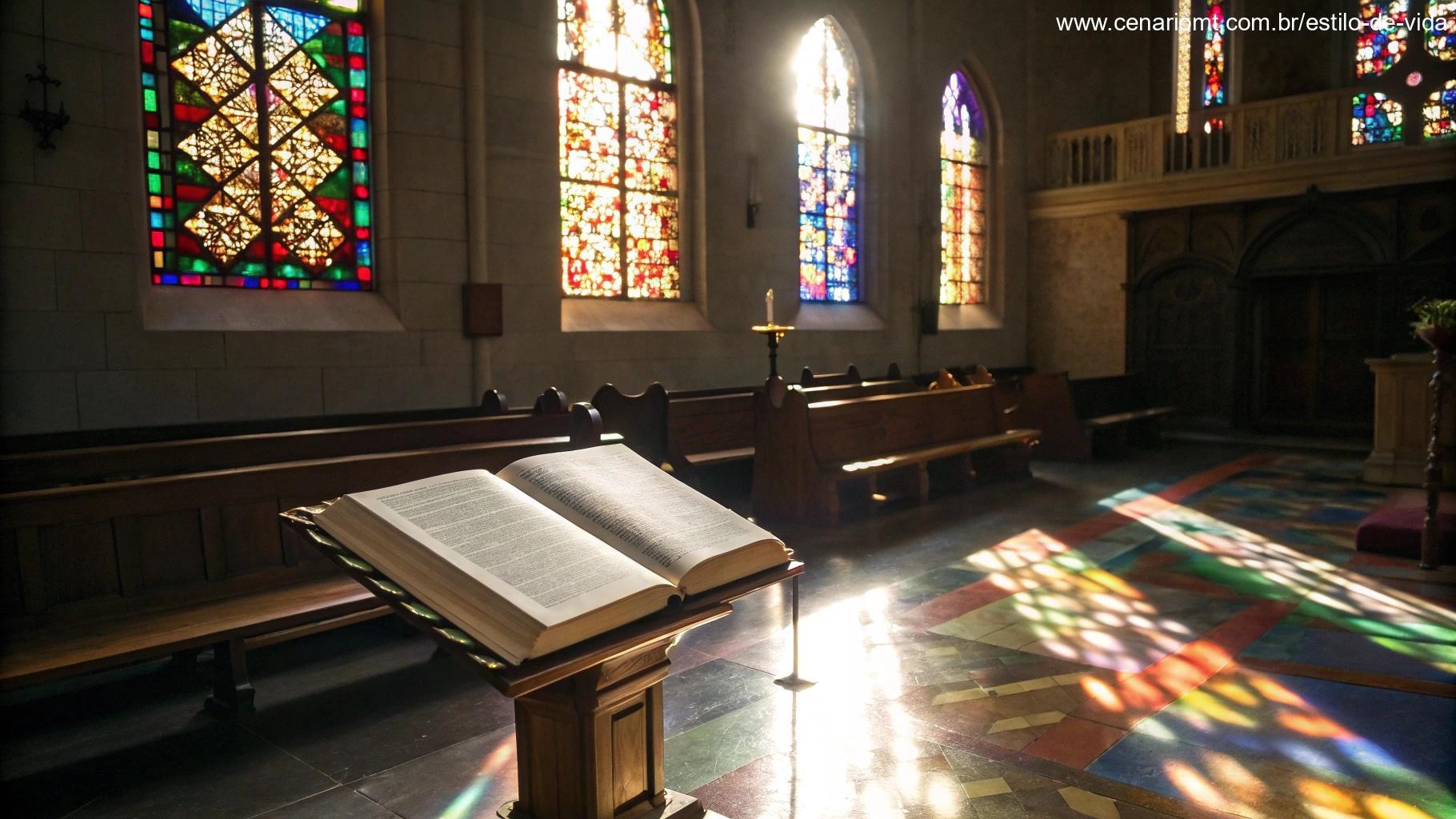 Interior de igreja iluminado pelo sol, com Bíblia aberta no altar.