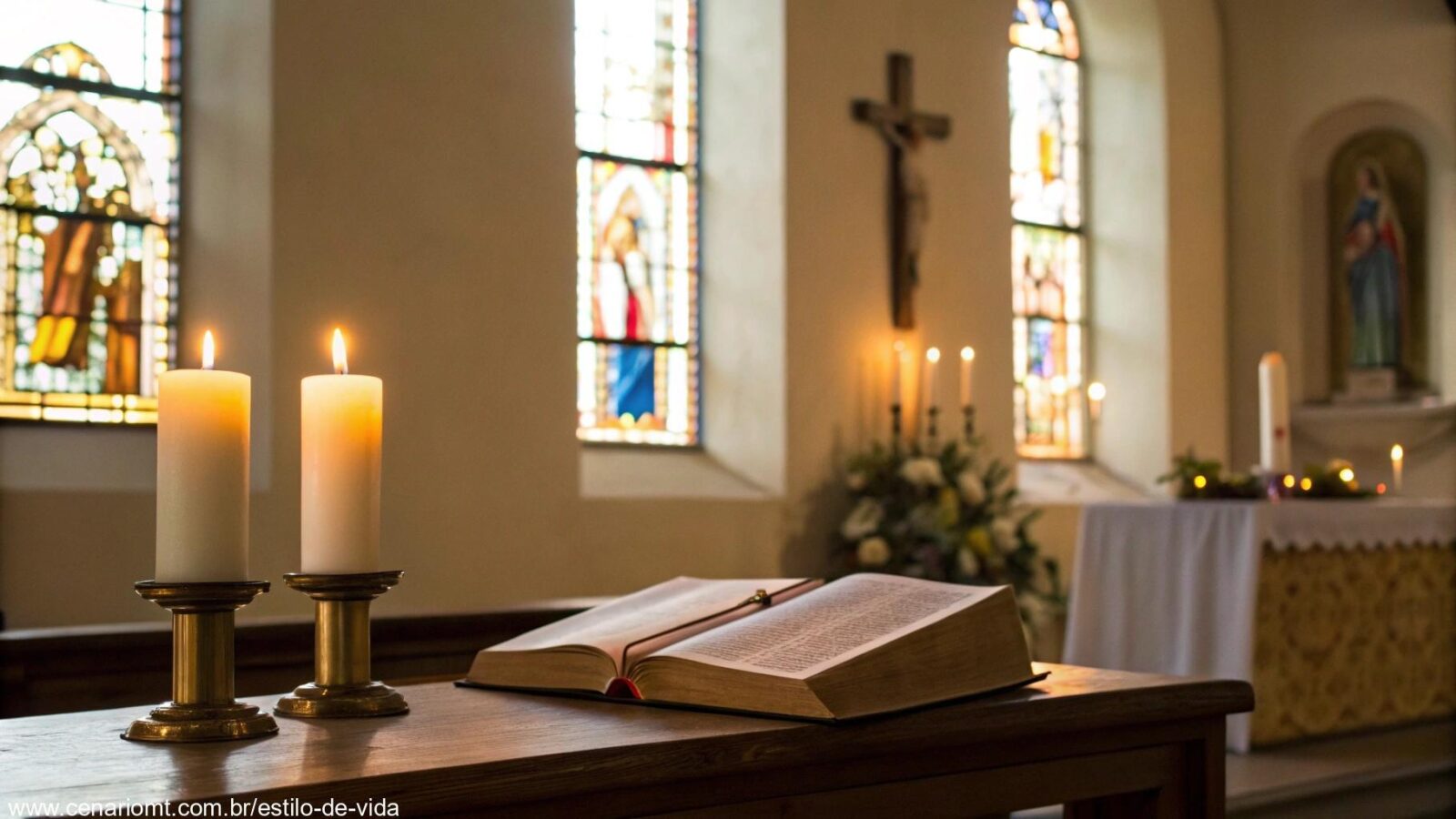 Imagem serena de um altar de igreja com luz suave vindo através de vitrais. O altar está simples, com velas acesas e uma Bíblia aberta, simbolizando a paz e reflexão do Evangelho do Dia.