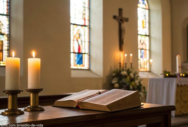 Imagem serena de um altar de igreja com luz suave vindo através de vitrais. O altar está simples, com velas acesas e uma Bíblia aberta, simbolizando a paz e reflexão do Evangelho do Dia.