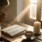 Imagem serena e tranquila representando um momento de reflexão e oração, com luz suave filtrando pela janela, iluminando uma mesa de madeira com uma Bíblia aberta, uma vela acesa e uma xícara de chá.
