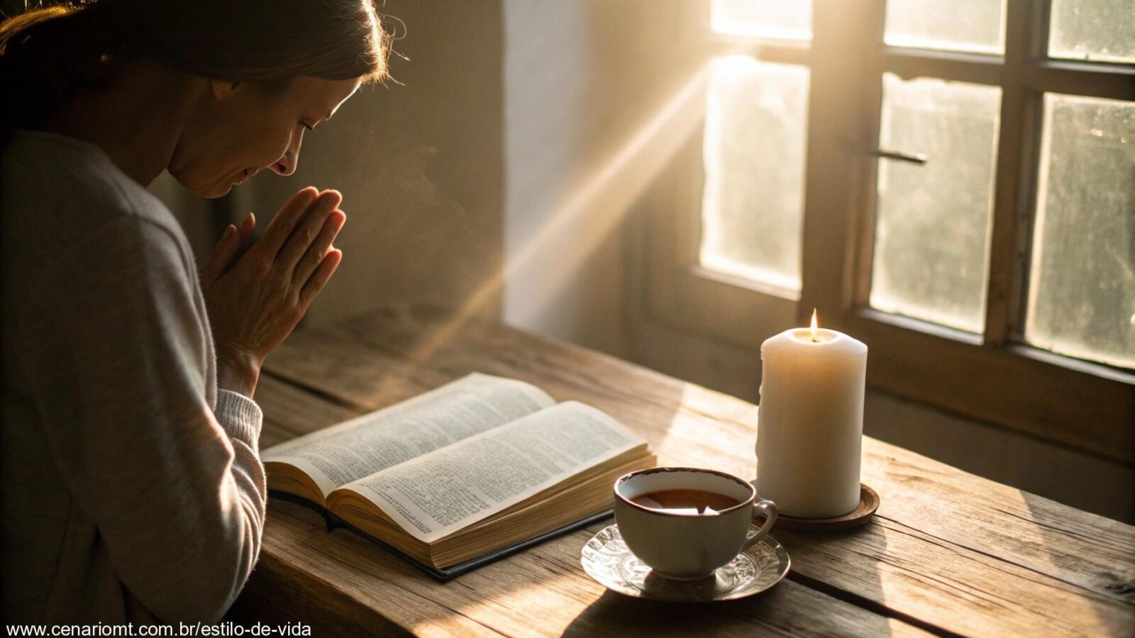 Imagem serena e tranquila representando um momento de reflexão e oração, com luz suave filtrando pela janela, iluminando uma mesa de madeira com uma Bíblia aberta, uma vela acesa e uma xícara de chá.