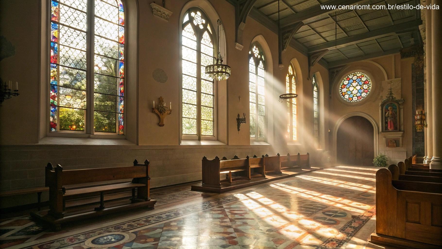 Imagem do interior de uma igreja tranquila com a luz do sol entrando pelas janelas de vitrais, criando uma atmosfera pacífica.