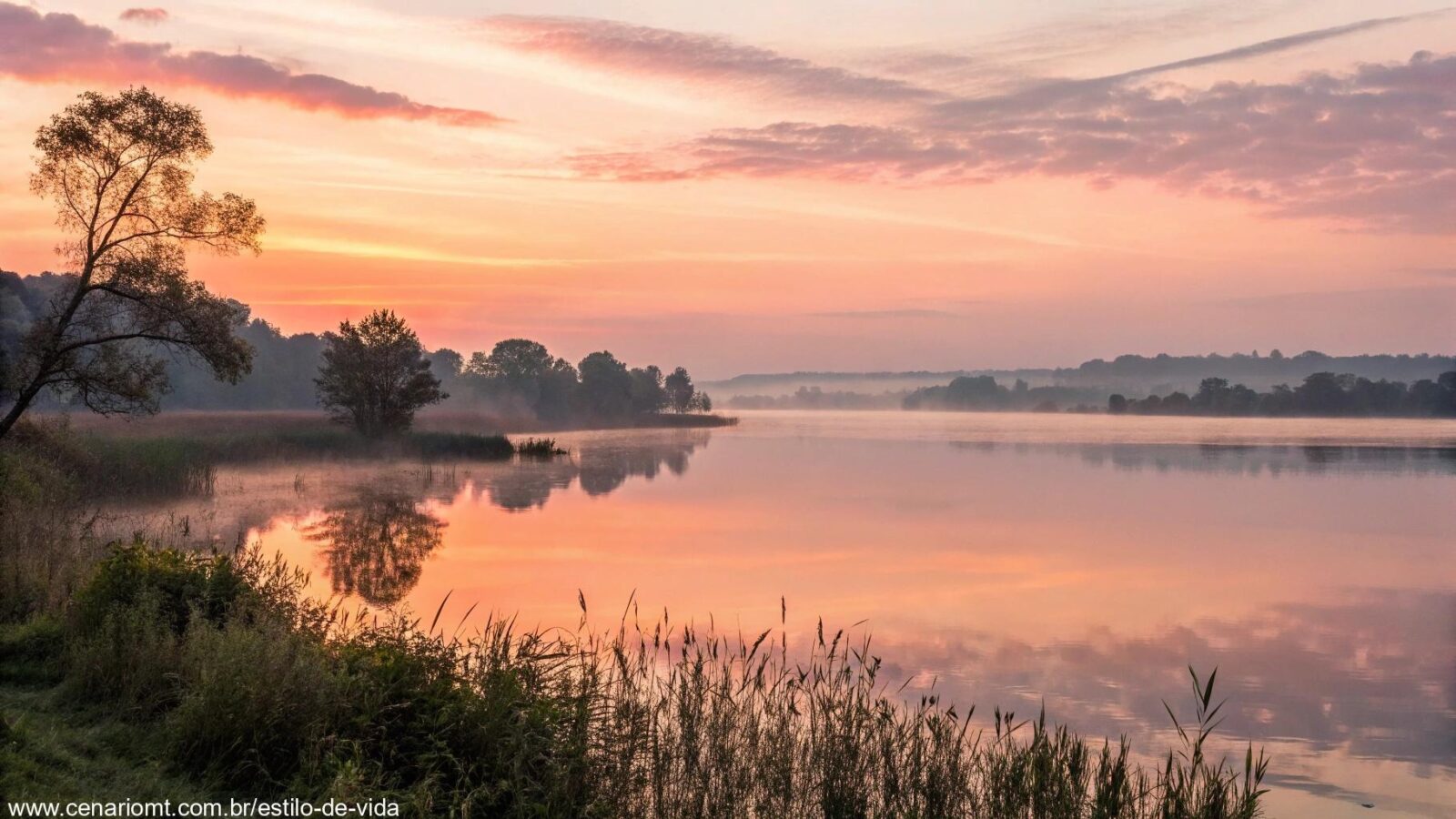 Imagem de uma paisagem serena com um suave nascer do sol sobre um lago calmo, simbolizando reflexão e oração.