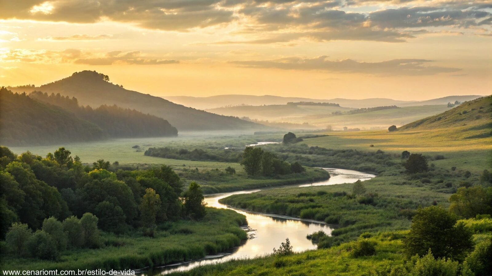 Paisagem tranquila e serena ao amanhecer, com luz dourada suave iluminando o céu, colinas suaves ao fundo e um rio tranquilo atravessando um vale verdejante.