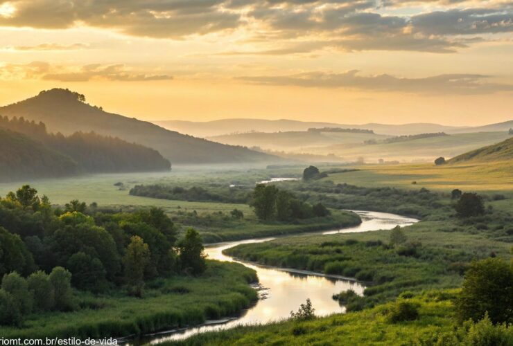 Paisagem tranquila e serena ao amanhecer, com luz dourada suave iluminando o céu, colinas suaves ao fundo e um rio tranquilo atravessando um vale verdejante.