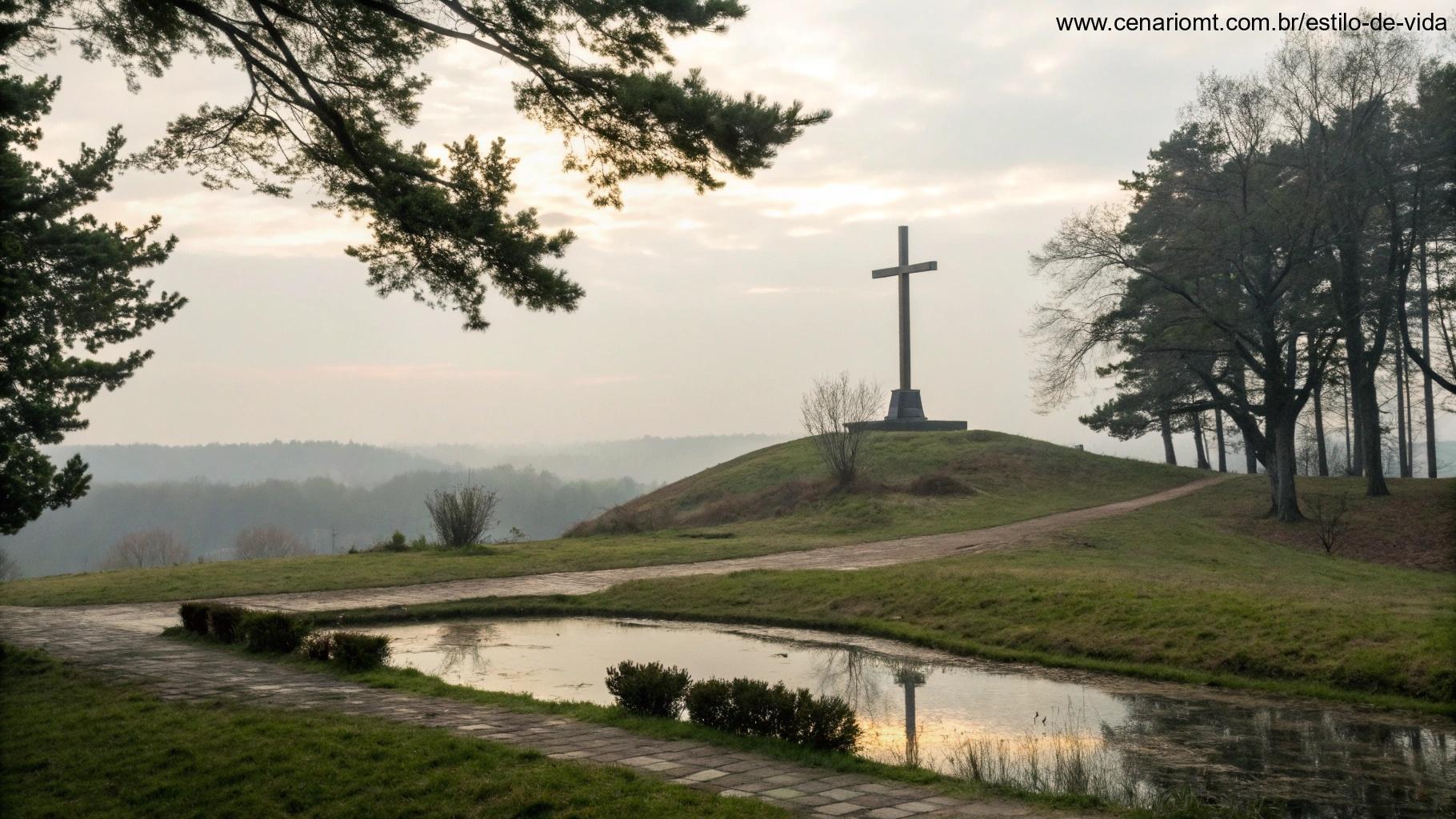 Imagem do evangelho do dia com uma cruz no topo de uma colina, iluminada pela luz suave.