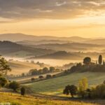 Paisagem tranquila ao amanhecer, com luz dourada suave iluminando o campo, simbolizando reflexão espiritual.
