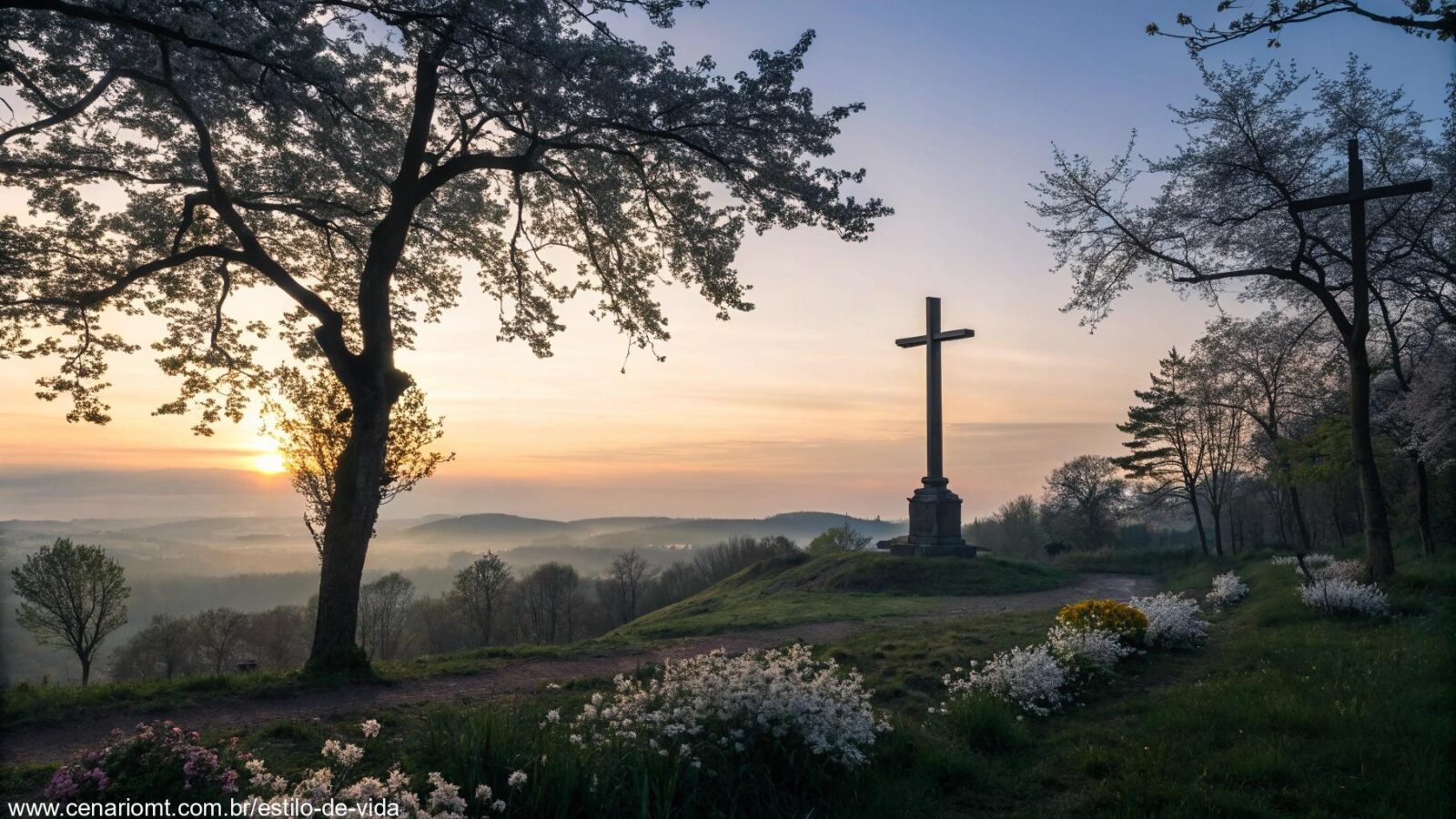 Paisagem serena ao nascer do sol com uma cruz erguida no topo de uma colina, cercada por flores desabrochando e luz suave filtrando pelas árvores