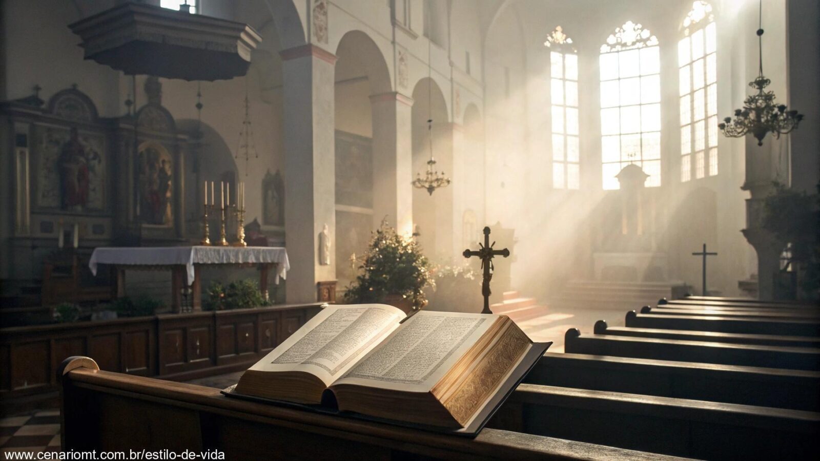 Igreja serena com Bíblia aberta no altar, simbolizando o Evangelho do Dia.