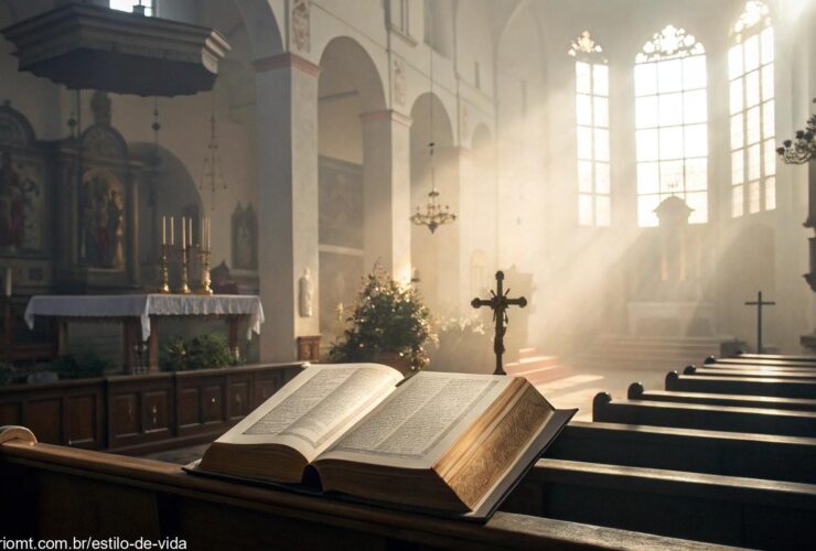 Igreja serena com Bíblia aberta no altar, simbolizando o Evangelho do Dia.