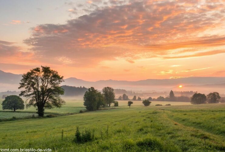 Uma paisagem serena com um nascer do sol brilhante sobre um campo tranquilo, evocando paz e reflexão.